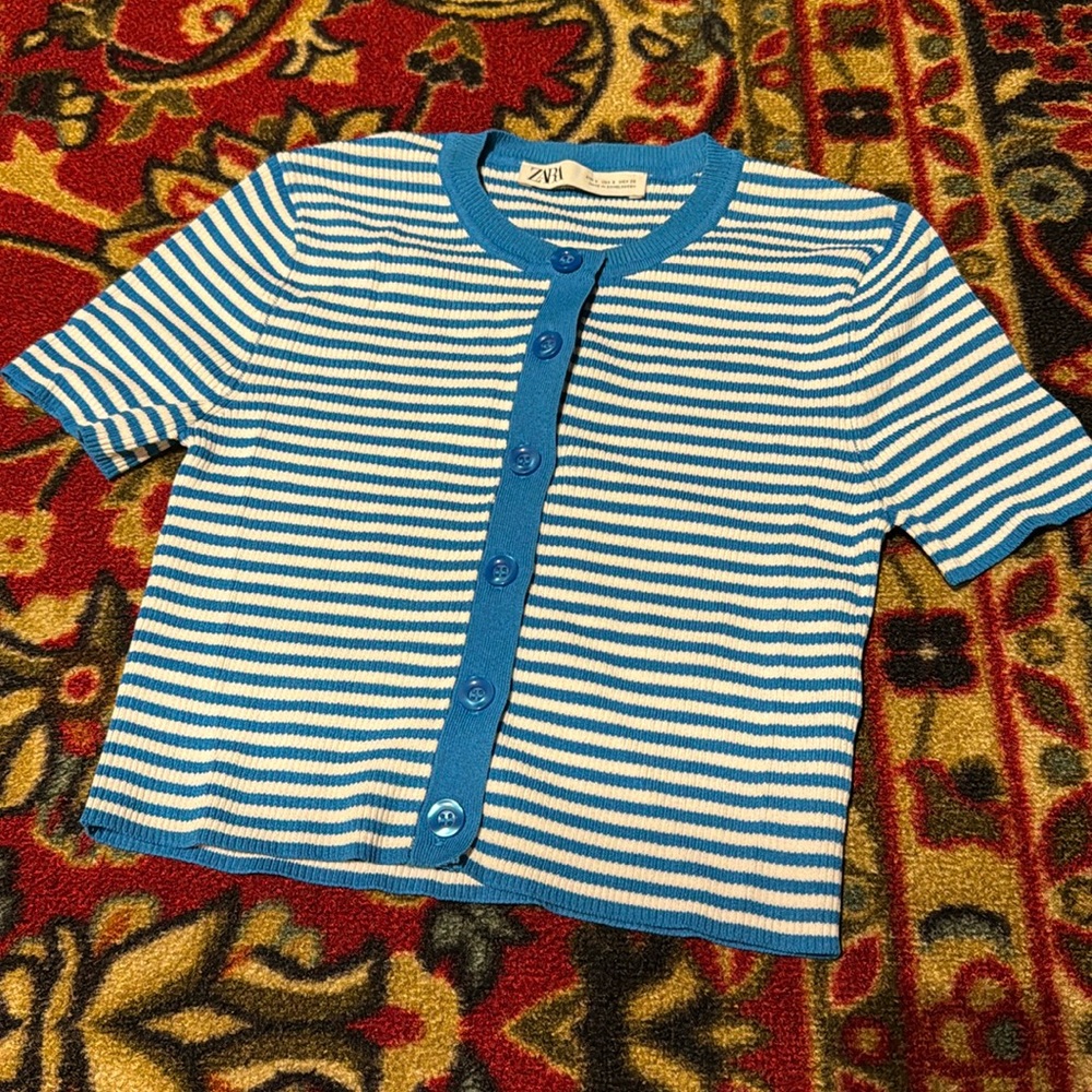 Zara Striped Blue & White Button Up Tshirt